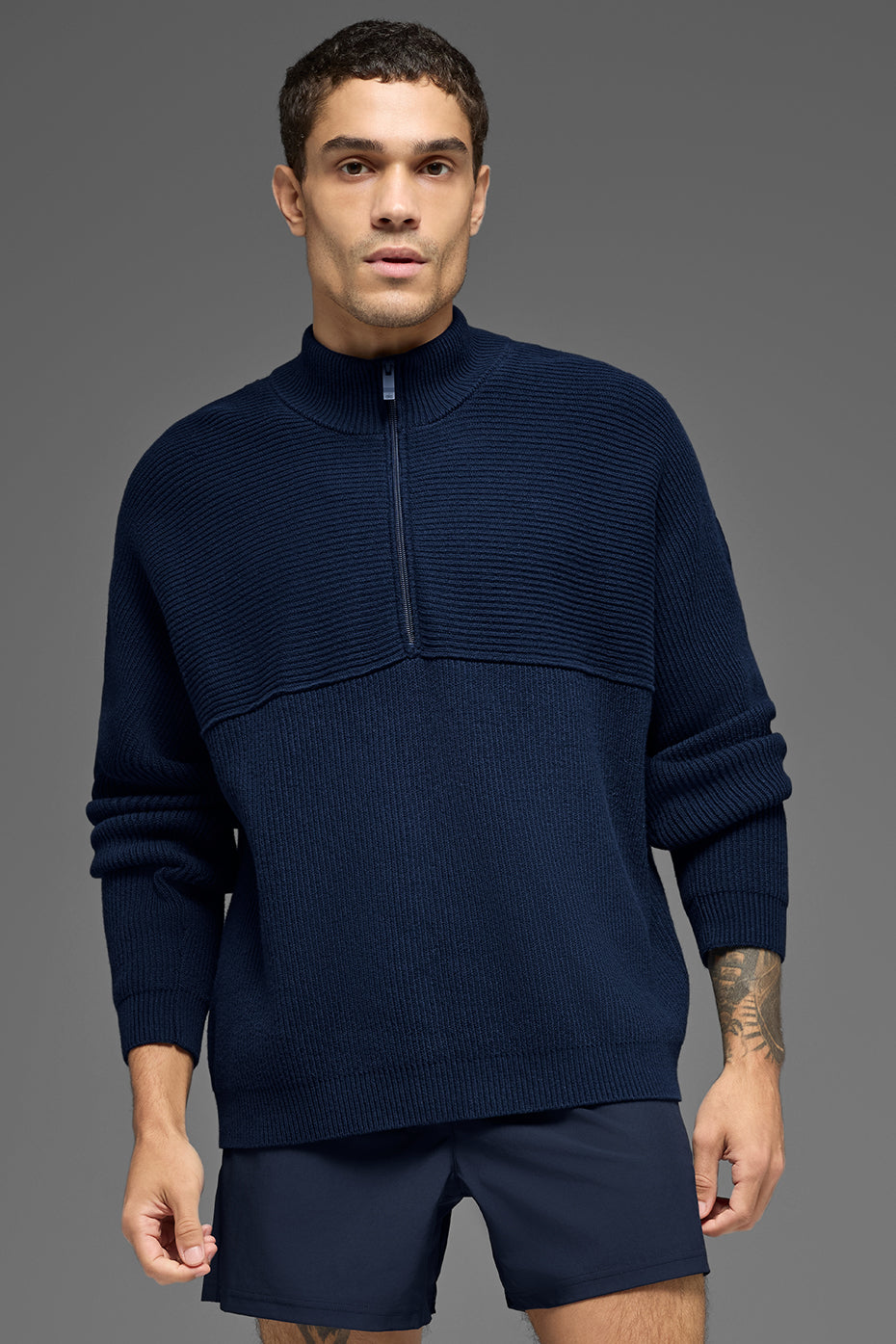 Domain Shift Rib Knit 1/4 Zip Sweater - Navy - Image 3