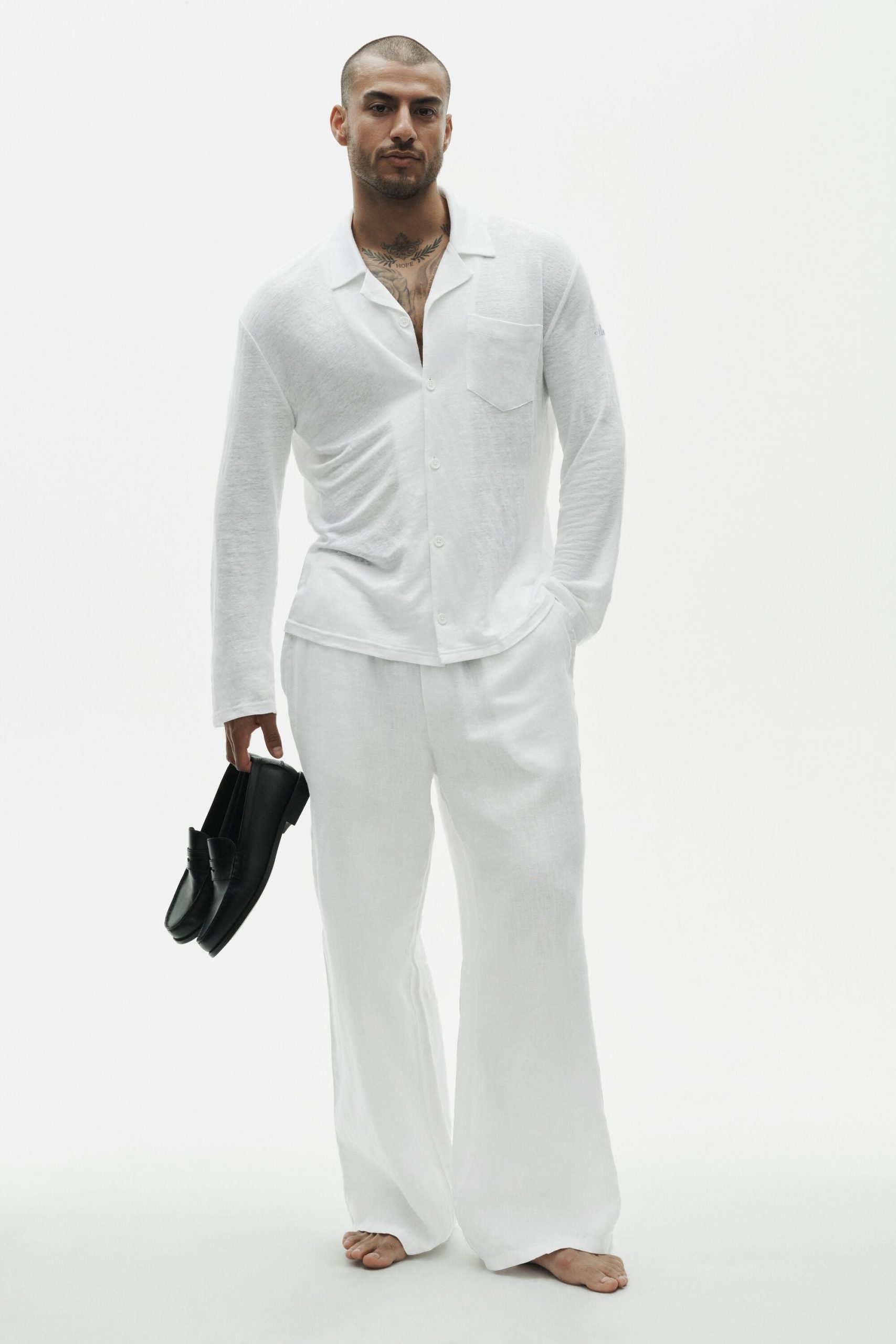 Linen Jersey Coastal Long Sleeve Button Up - White - Image 5