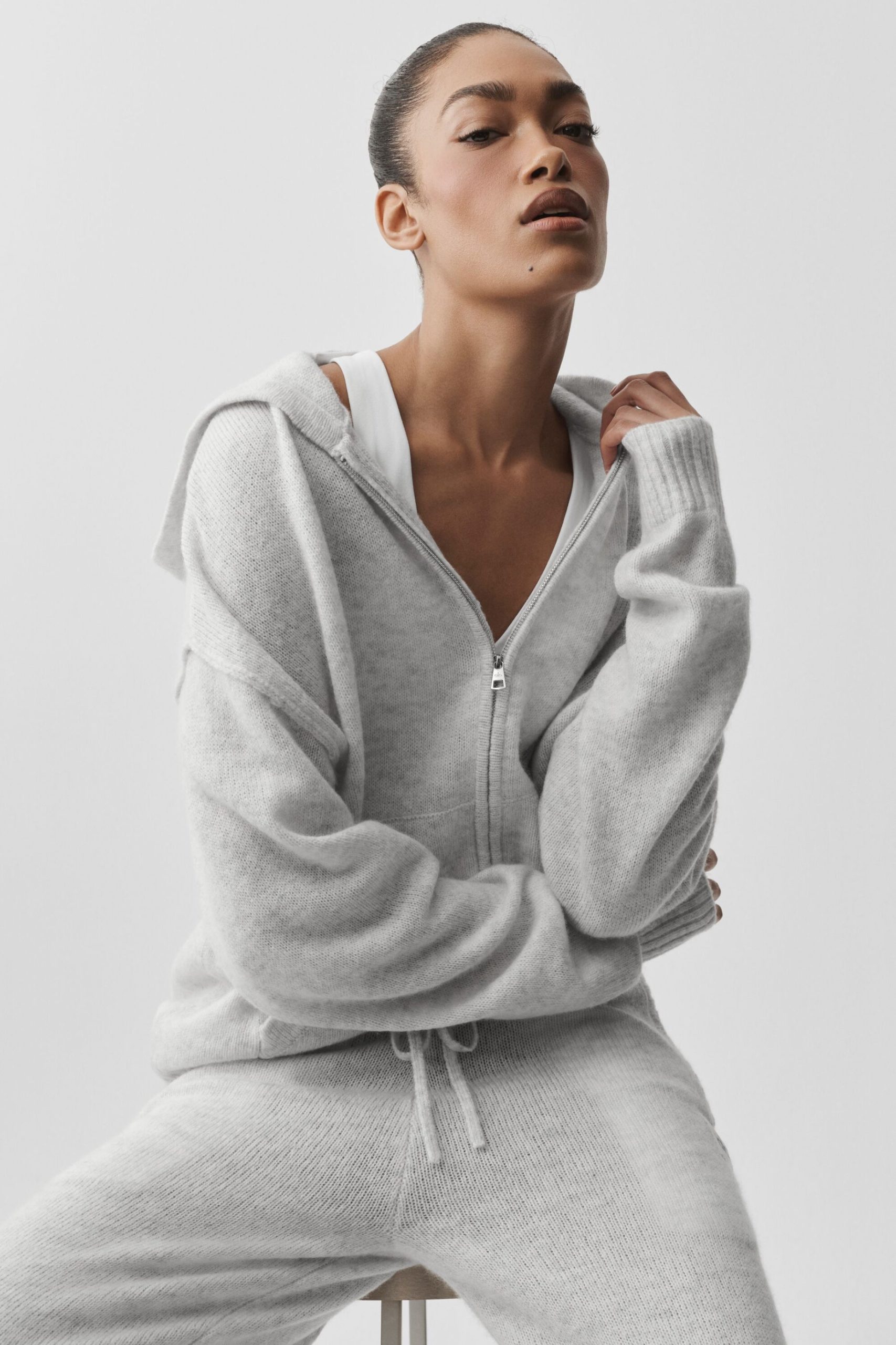 Wool Cashmere New Class Full Zip Hoodie - White Heather - Image 4