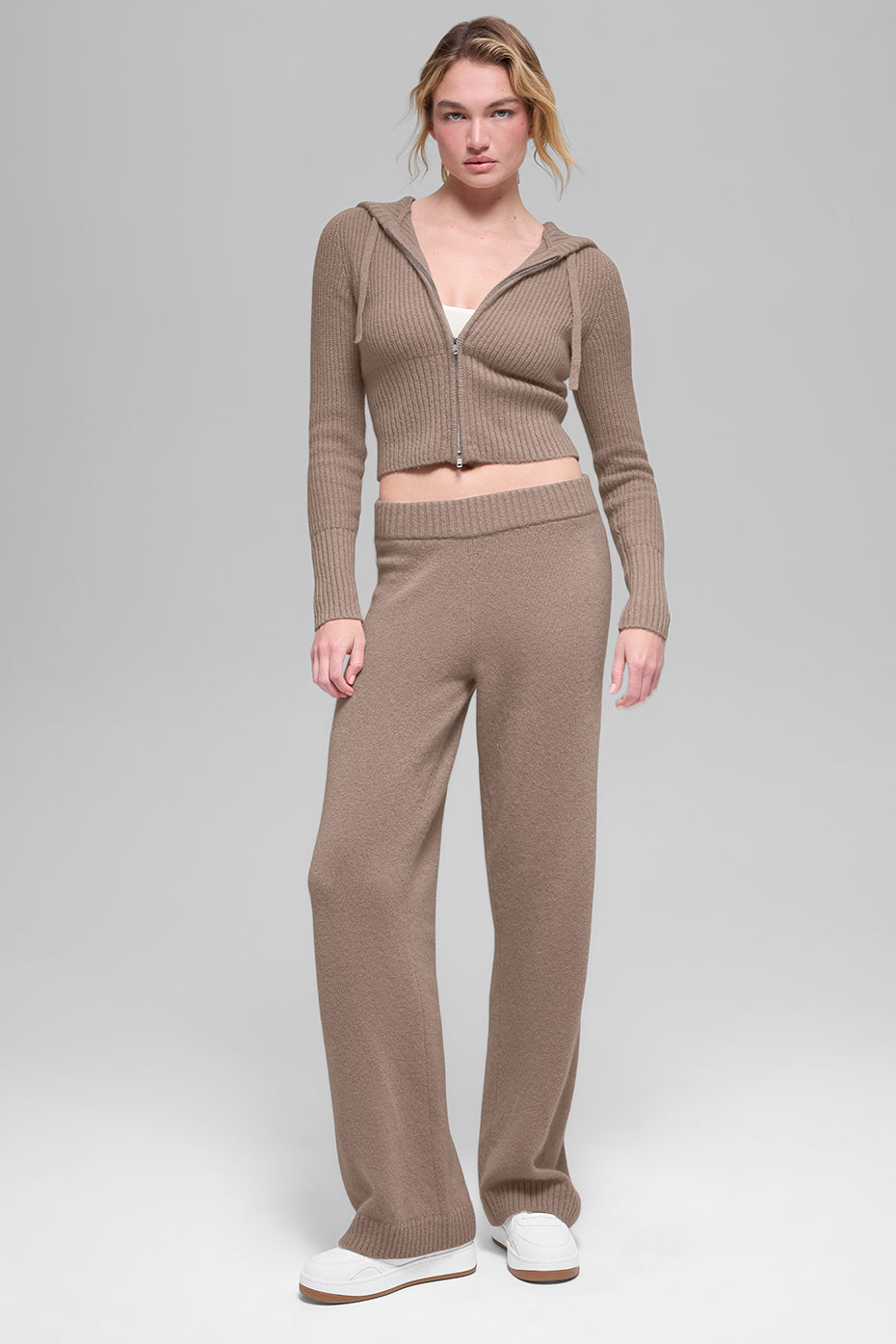 Wool Cashmere Ribbed Noble Full Zip Hoodie - Chai Latte - Image 4