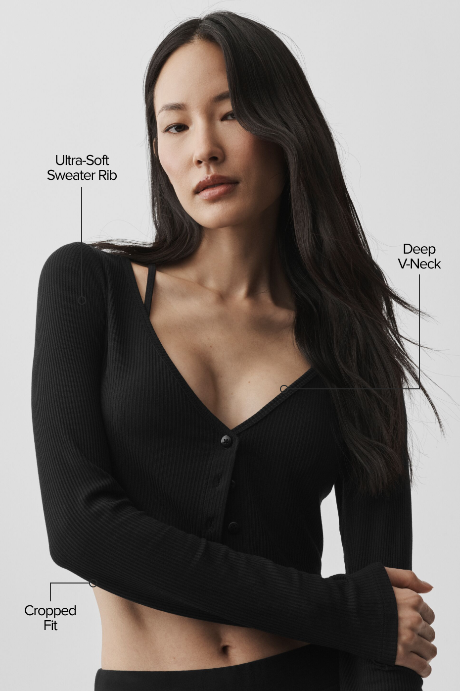 Ribbed Cropped Whisper Cardigan - Black - Image 2